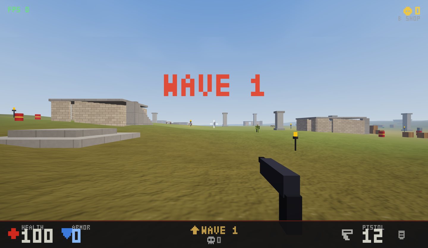 ARENA gameplay — generated buildings and pillars across open daylight terrain