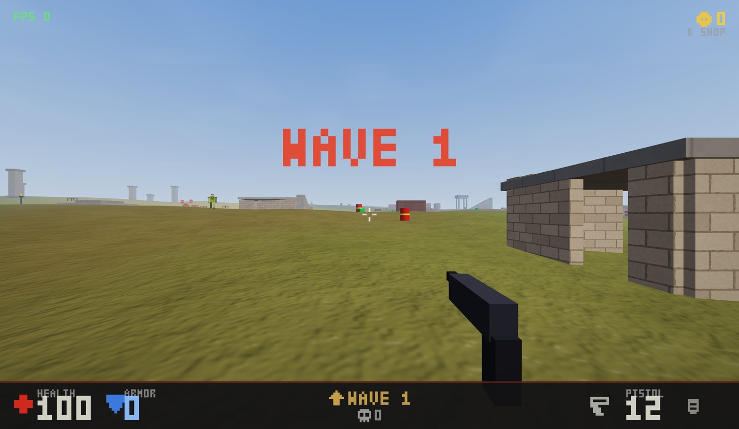 ARENA gameplay — a brick building with a doorway, grunt approaching across the field